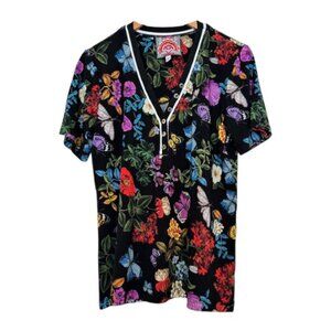 Johnny Was Janie Kahlani Short Henley Tee Butterfly Floral Shirt Black Top NEW